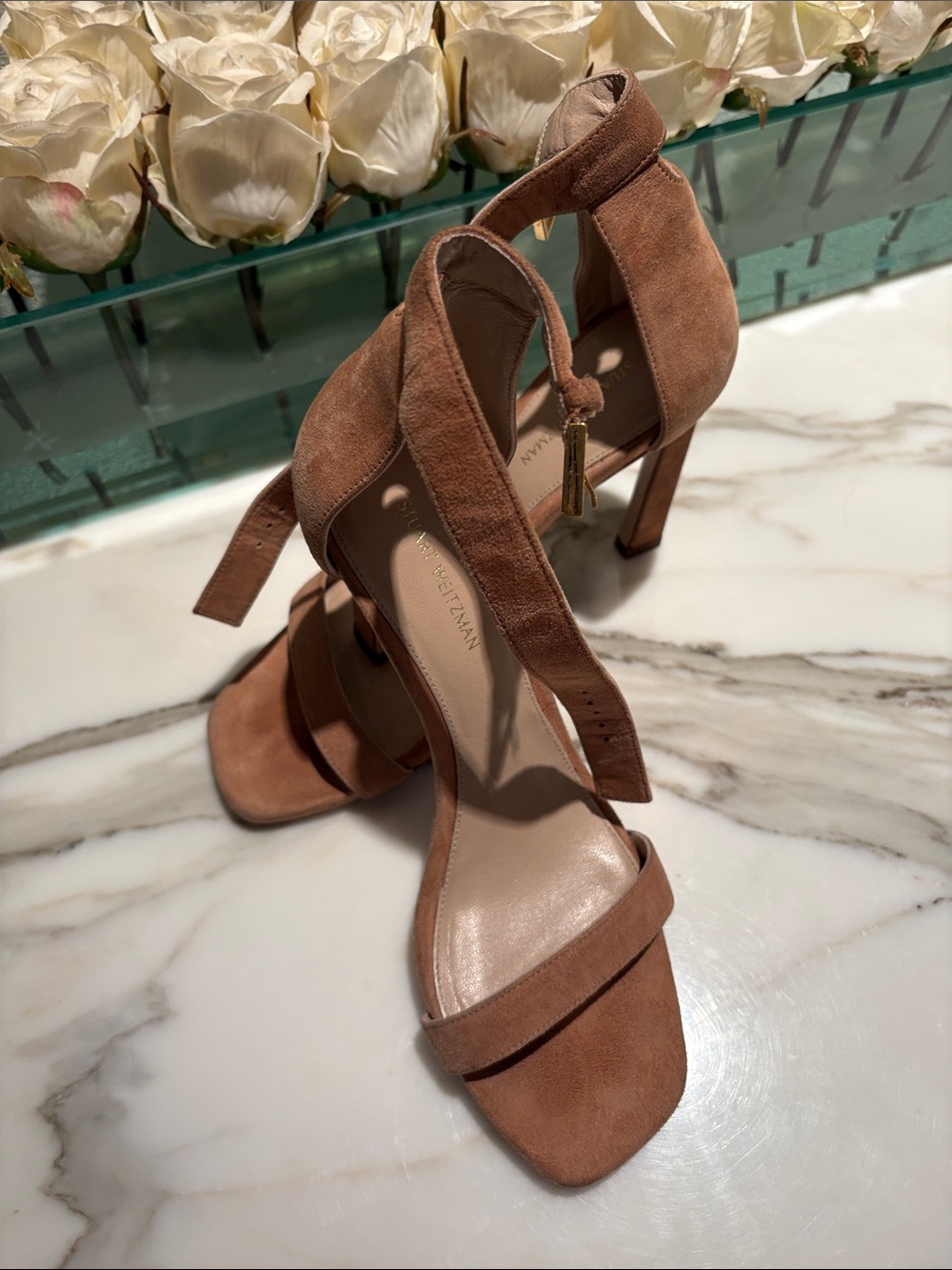 Stuart Weitzman Suede Ankle-Tie Heels in Cognac